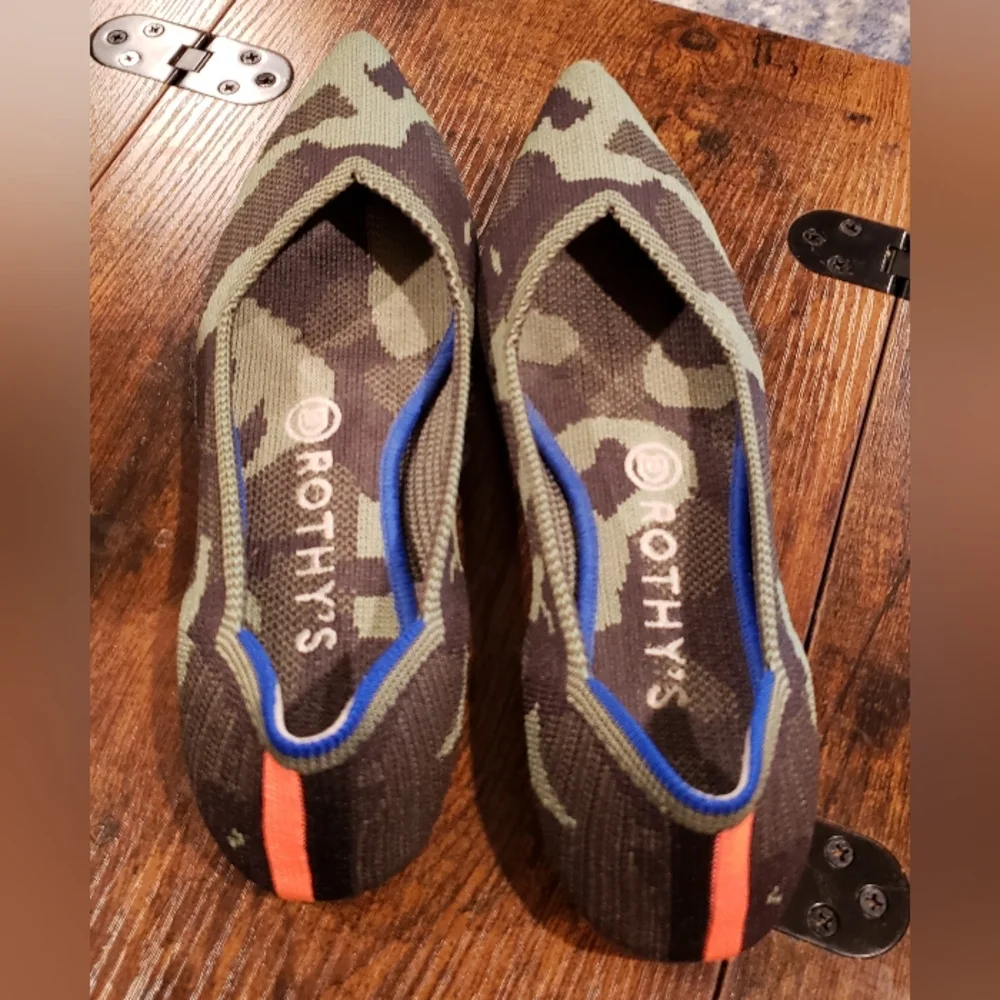 Rothy's Camo Pointed Flats with Blue Trim and Orange Heel Accent - Picture 1 of 6